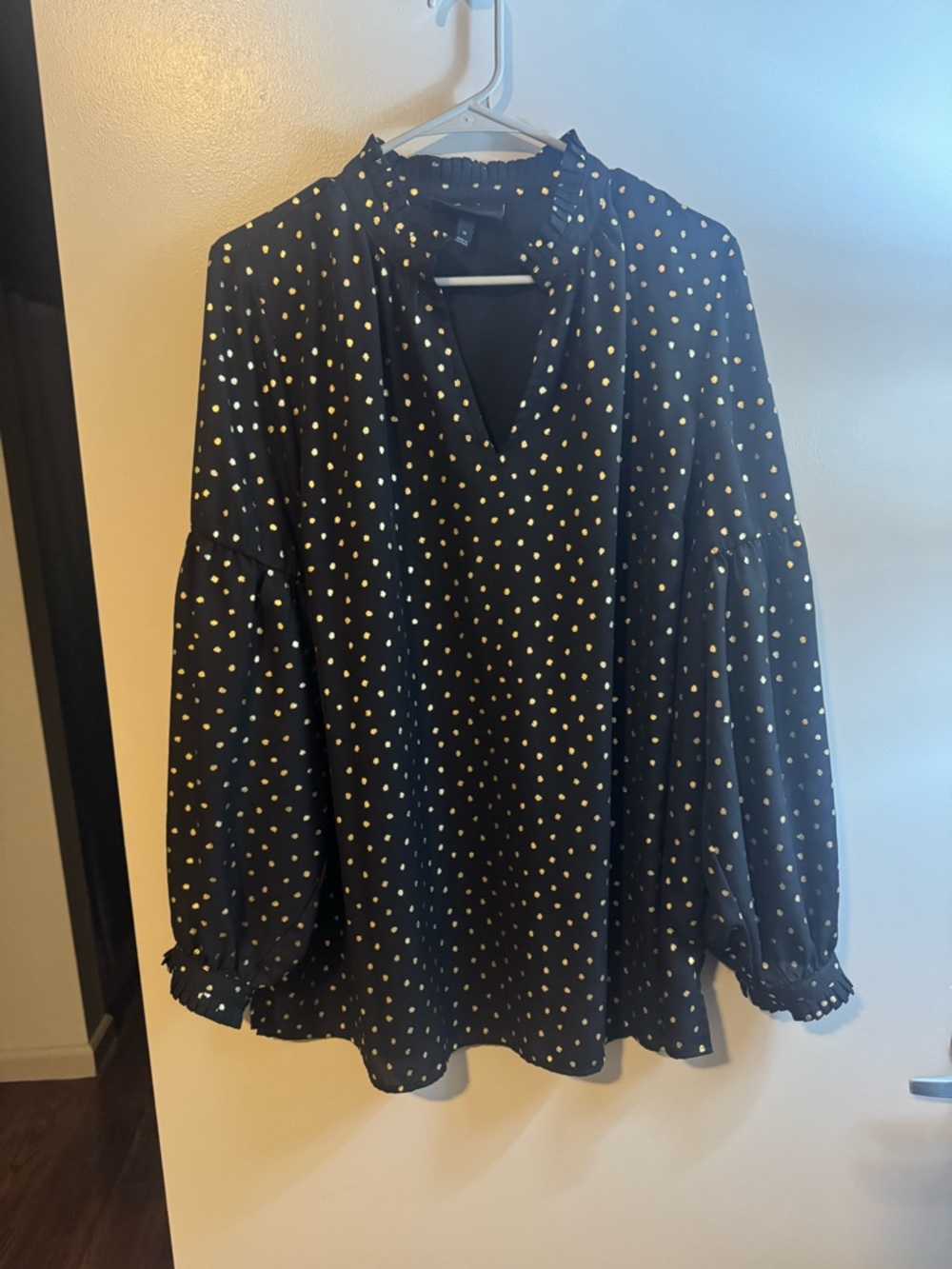 Lane Bryant Black Blouse with Gold Polka Dots